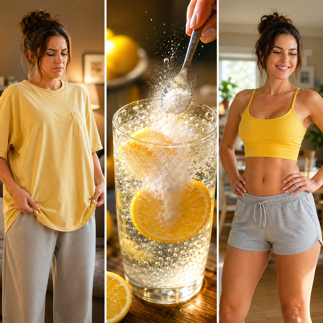 Before and after the baking soda water trick: a woman feeling bloated, a spoon of baking soda dropped into sparkling lemon water, and the same woman looking slimmer and happier